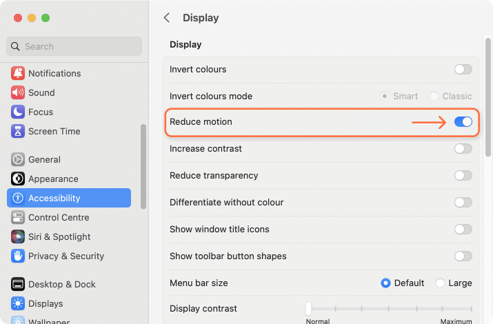 System preferences showing display options