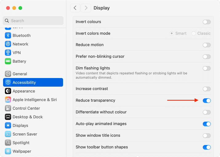 System Settings showing how to reduce transparency of Mac menu bar