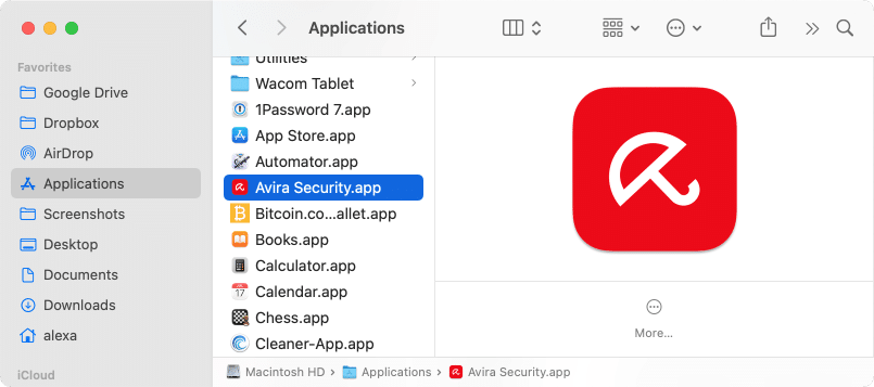 Applications folder showing the Avira antivirus