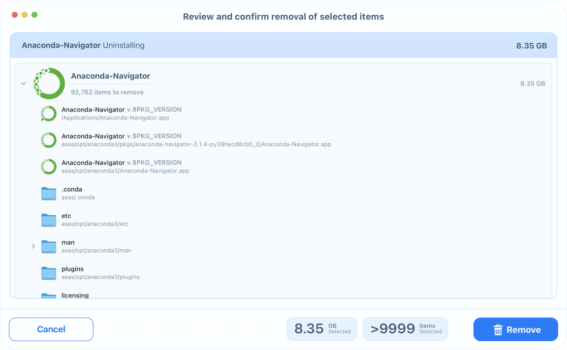 App Cleaner & Uninstaller review window to uninstall Anaconda