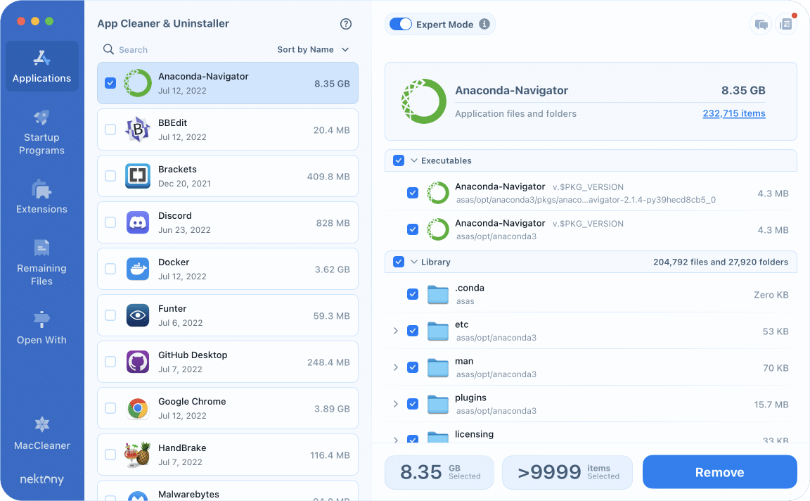 App Cleaner & Uninstaller window showing selected files of Anaconda for uninstalling