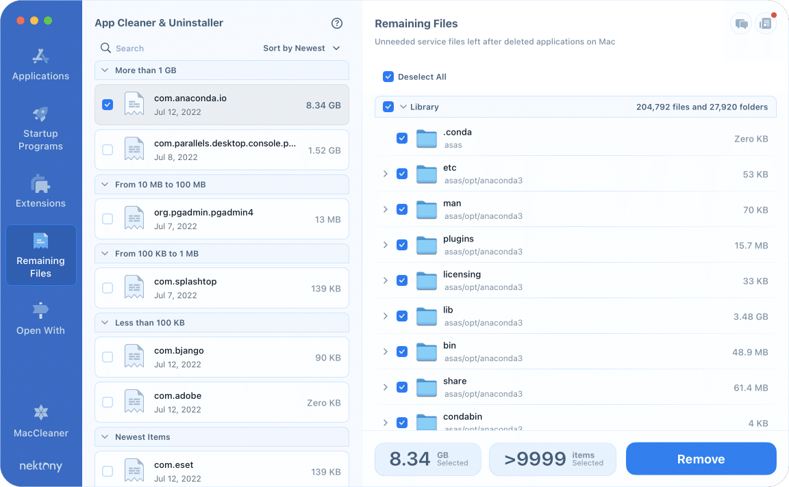 App Cleaner & Uninstaller window showing Remaining Files tab
