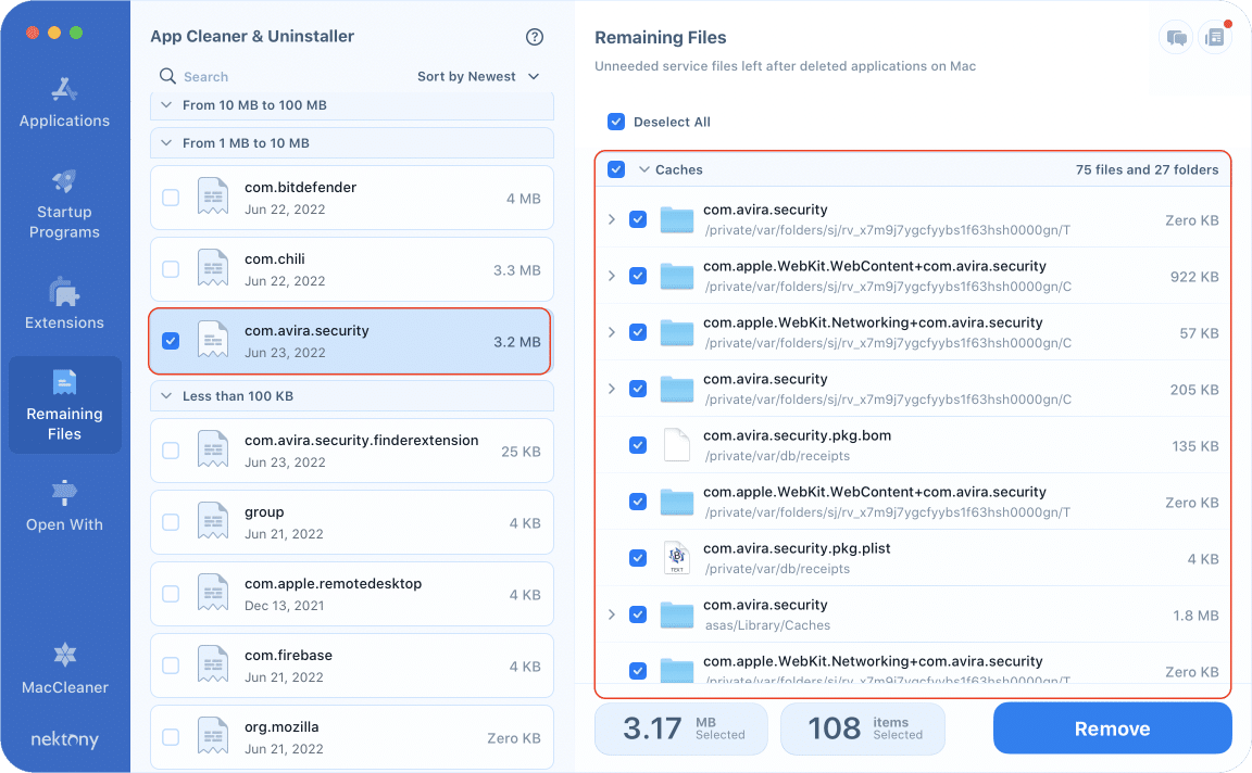 App Cleaner & Uninstaller showing Avira remaining files