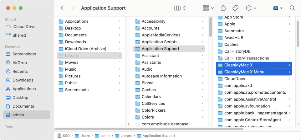 Library folder showing CleanMyMac support files