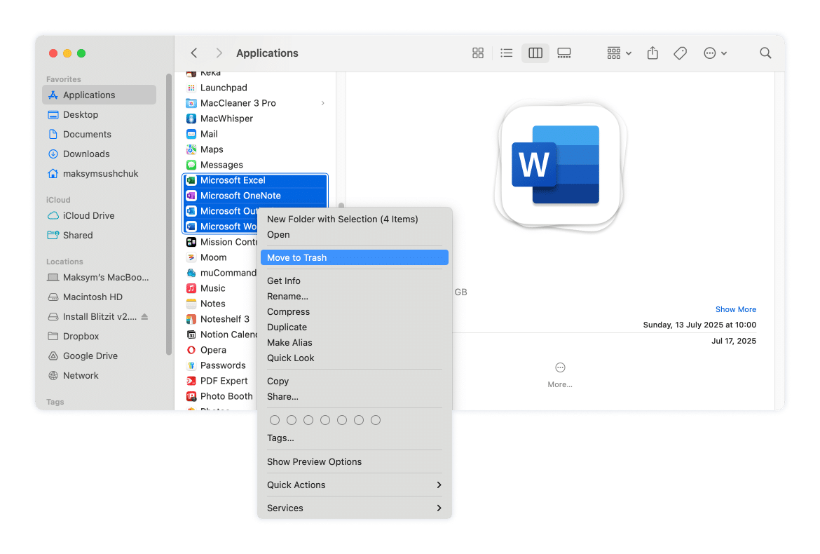 Right-click menu allows moving Microsoft 365 apps to Trash