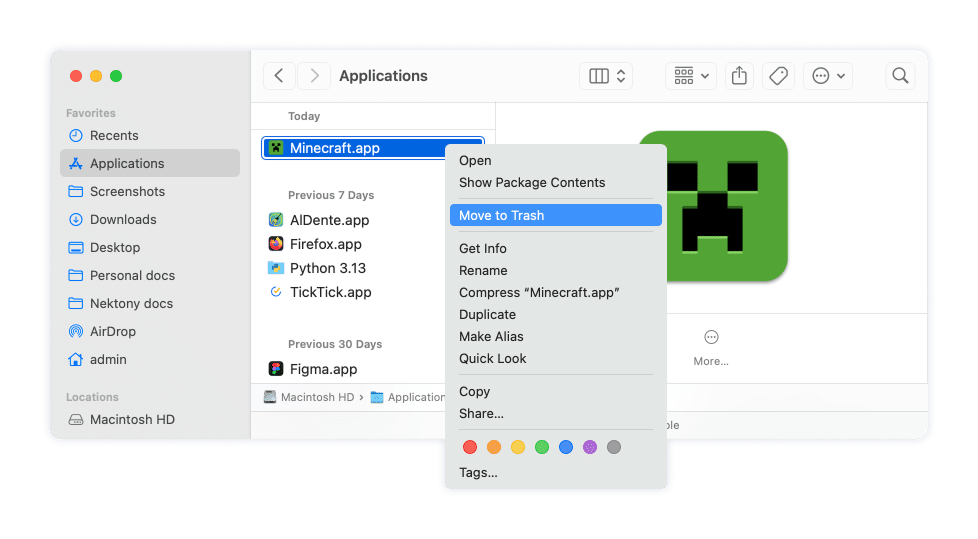 Minecraft in the Applications window