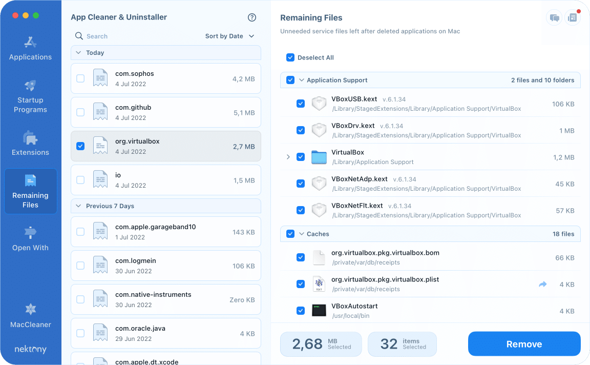 App Cleaner & Uninstaller showing VirtualBox' remaining files