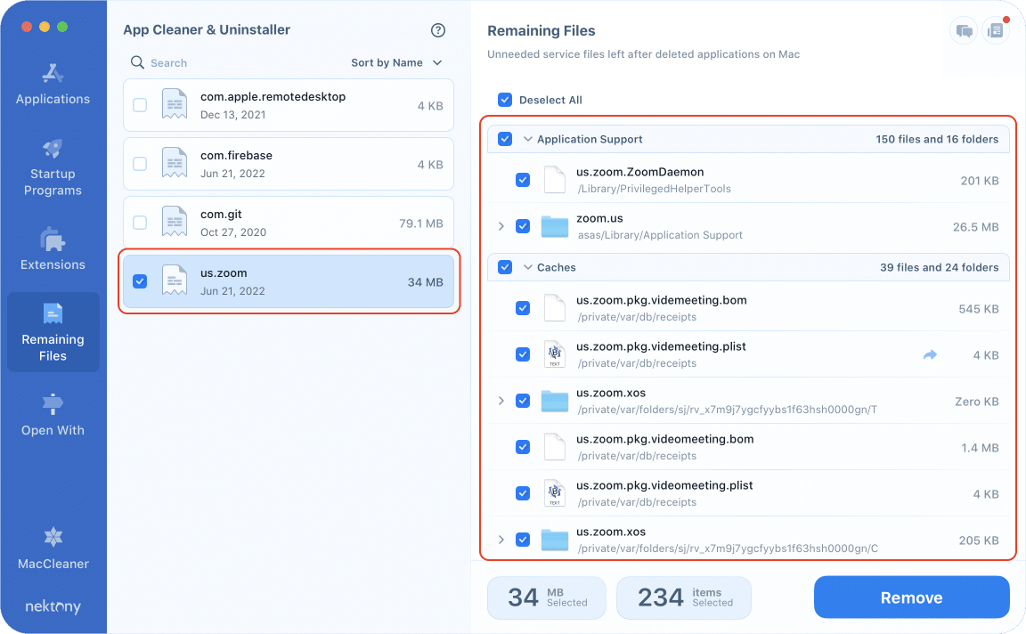 App Cleaner & Uninstaller showing Zoom remaining files