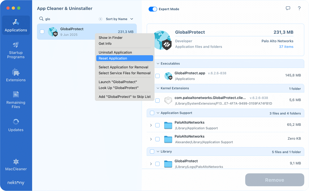 GlobalProtect's Reset application option in App Cleaner & Uninstaller