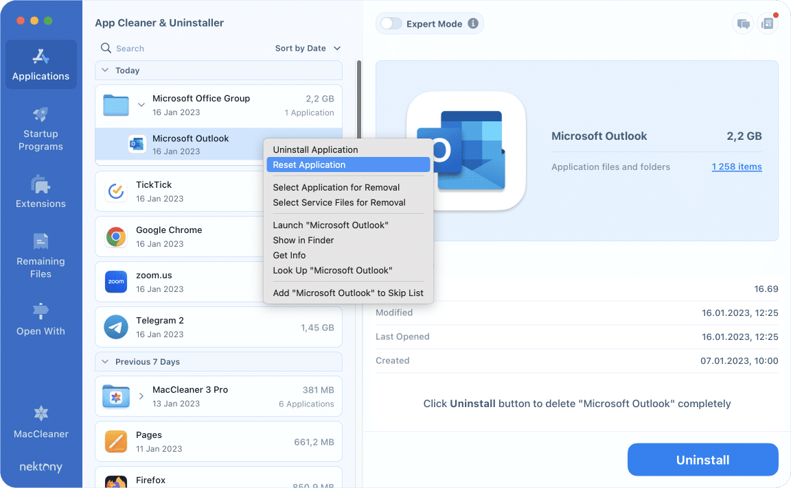 resetting Outlook with App Cleaner & Uninstaller