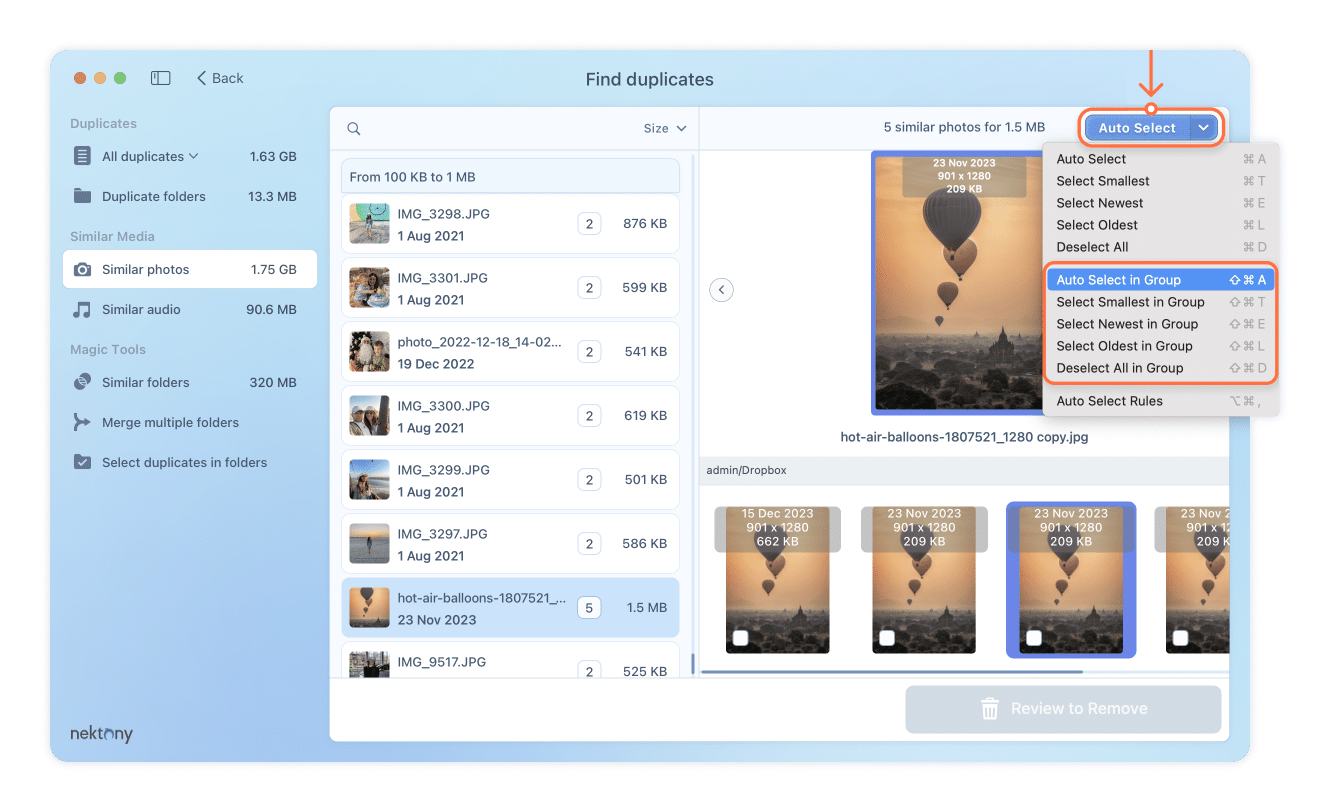 Auto Select options highlighted in Duplicate File Finder window