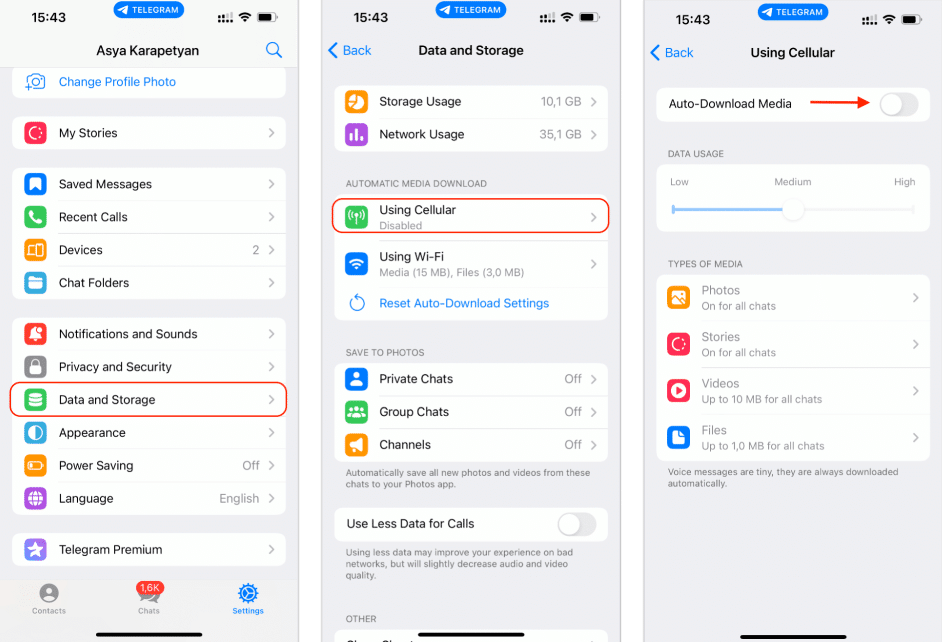 iPhone screens showing how to stop automatic media download