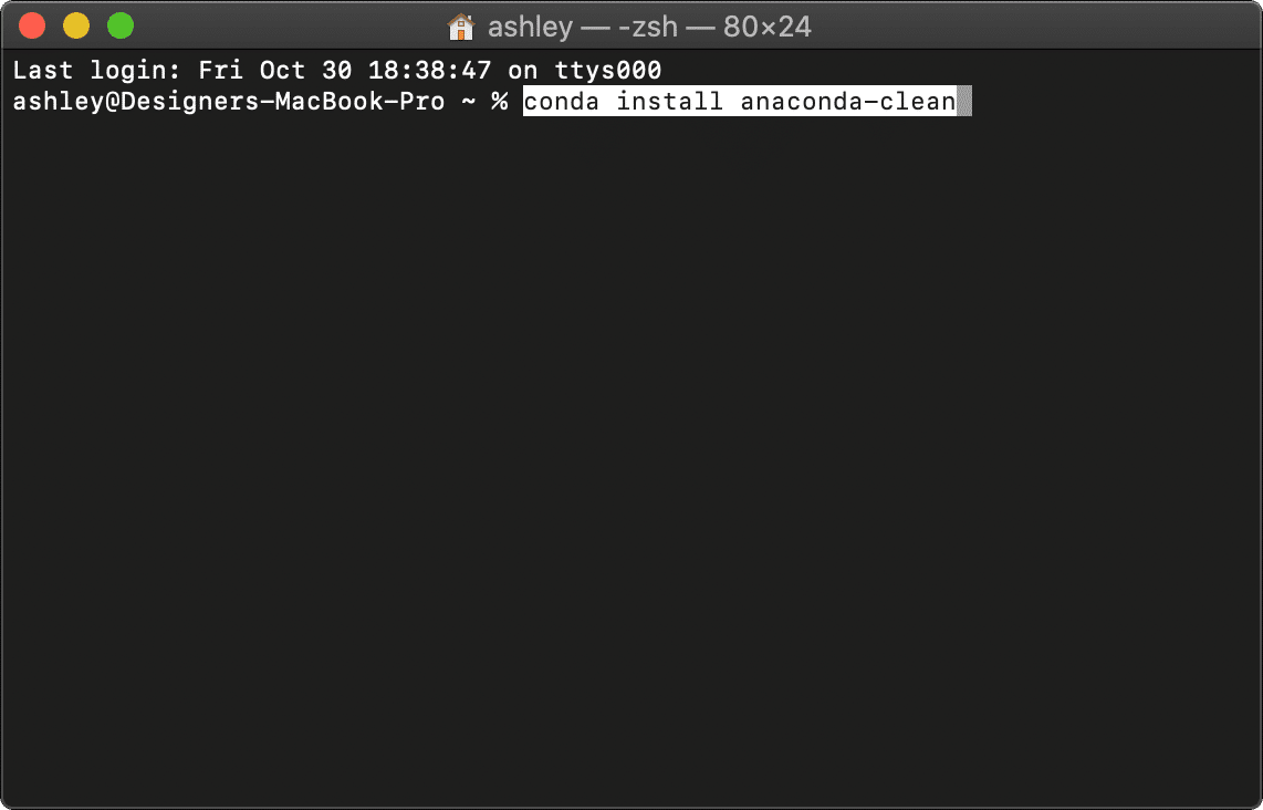 Terminal window with entered command for removing Anaconda