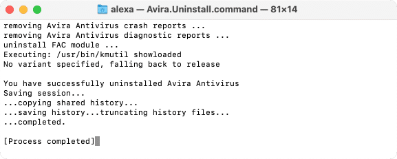 Terminal showing successful Avira uninstallation