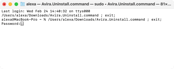 Terminal showing the command to uninstall Avira from Mac
