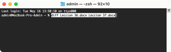 Terminal window showing the compare files command