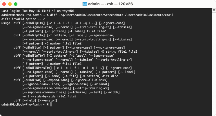 Terminal window showing the sesults of comparing folders