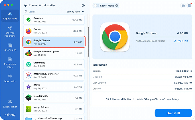 Chrome selected for removal with App Cleaner & Uninstaller