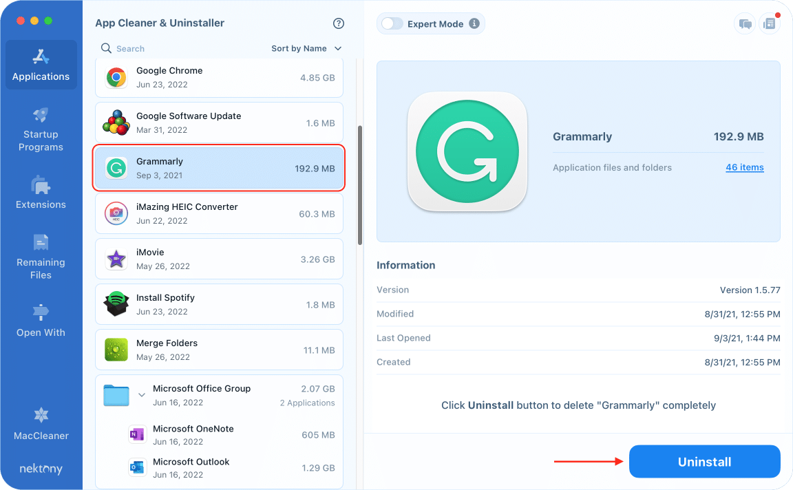 removing Grammarly with App Cleaner & Uninstaller