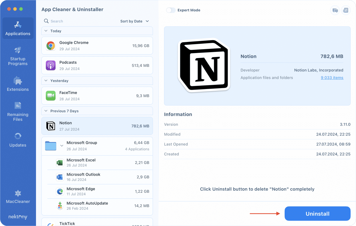 App Cleaner & Uninstaller showing Notion.