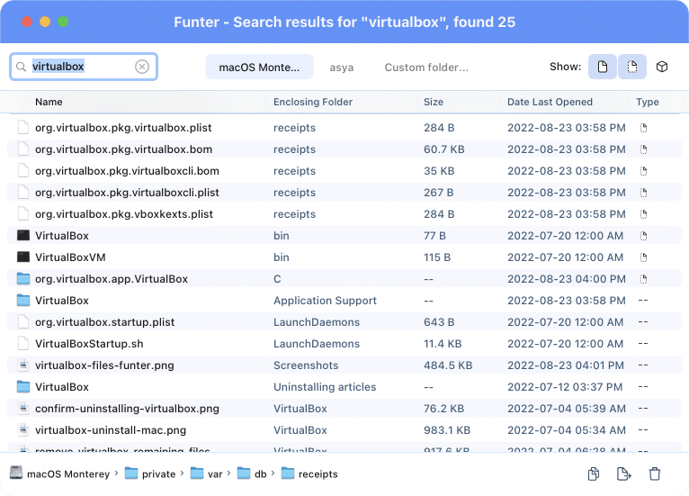 Funter showing VirtualBox files