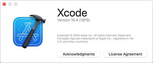 the Xcode about screen in version 16.4