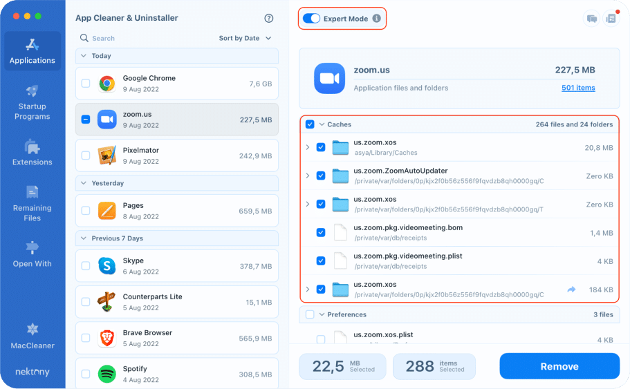 App Cleaner Uninstaller showing Zoom cache files
