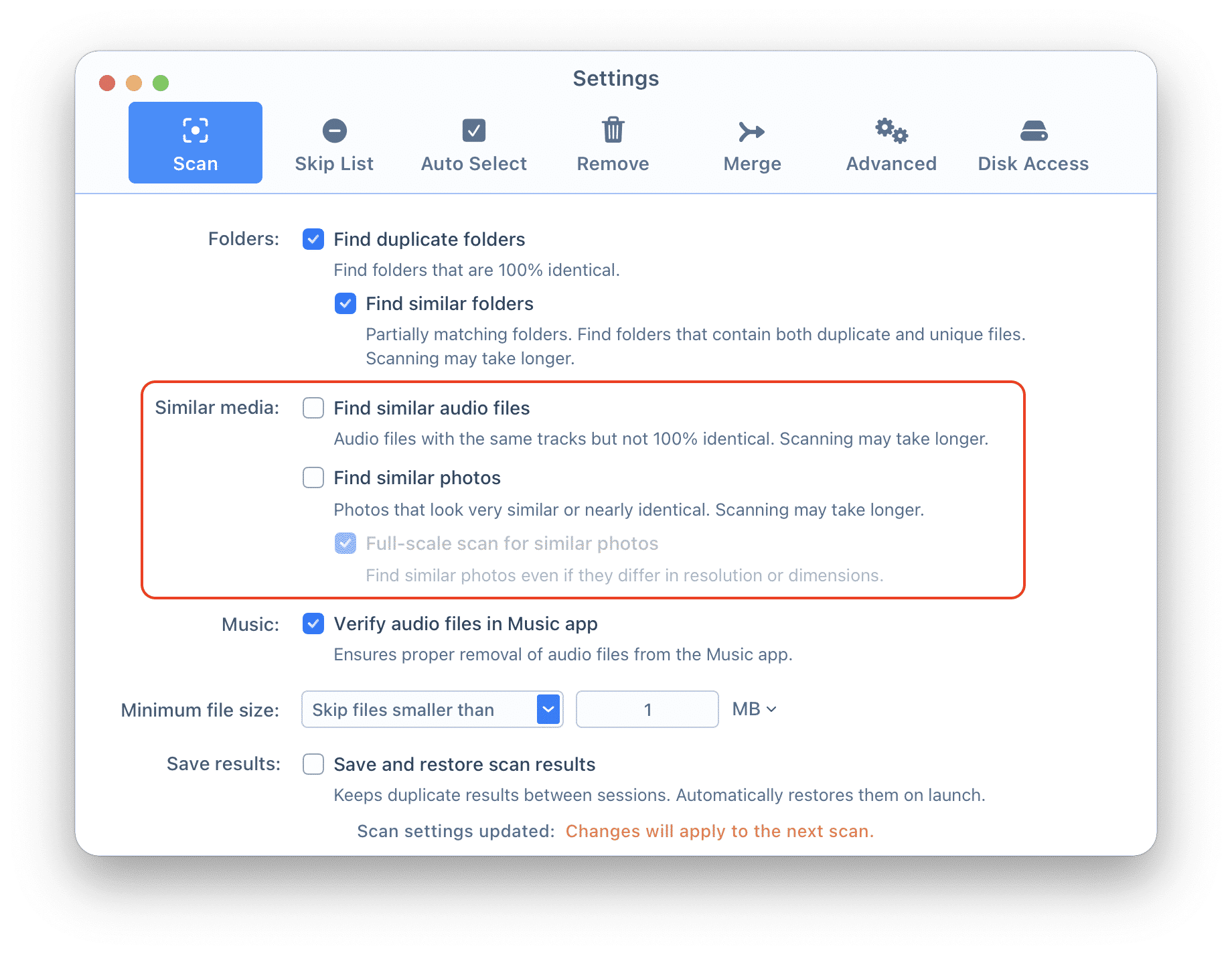 Duplicate File Finder settings window