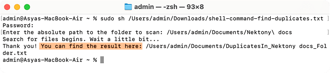 Terminal window showing that duplicates search began