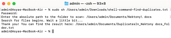 Terminal window showing that duplicates search began