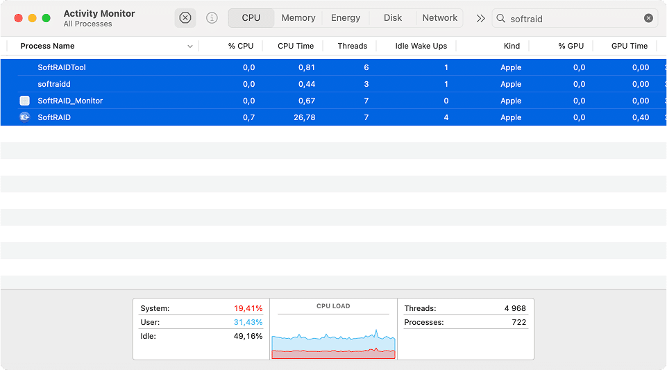 SoftRAID processes in Activity Monitor window