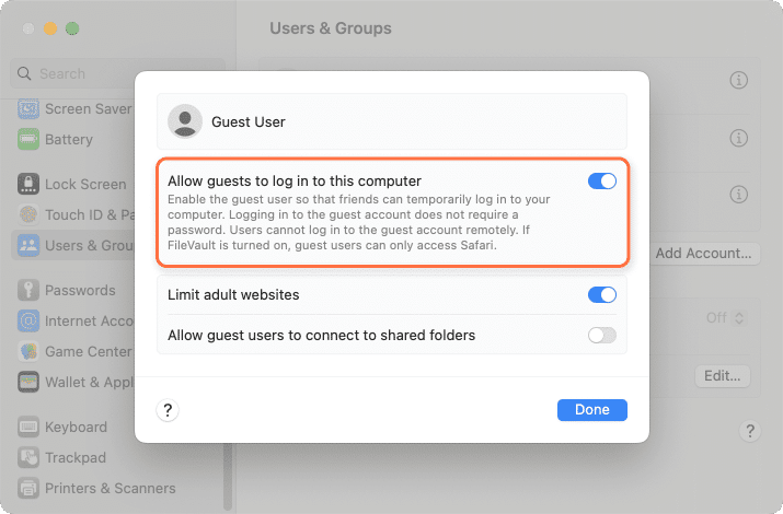 System settings showing Guest Users option