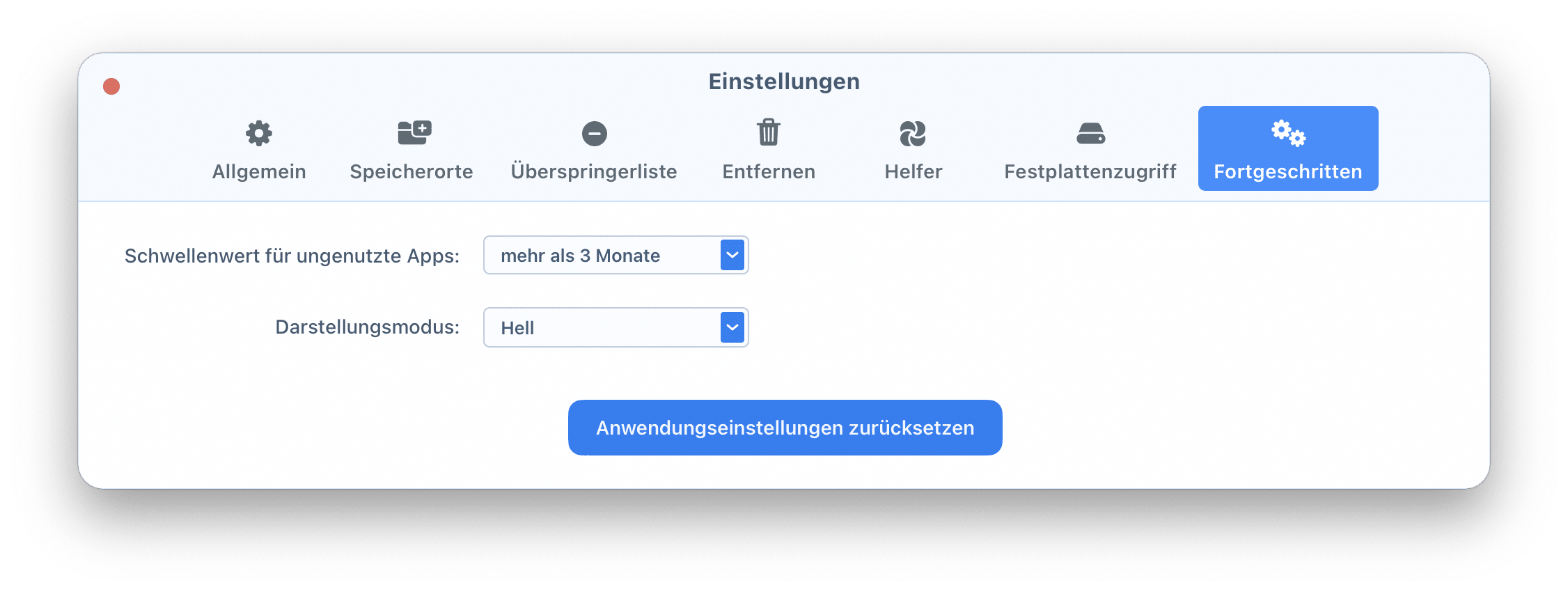 Settings window showing the Advanced tab