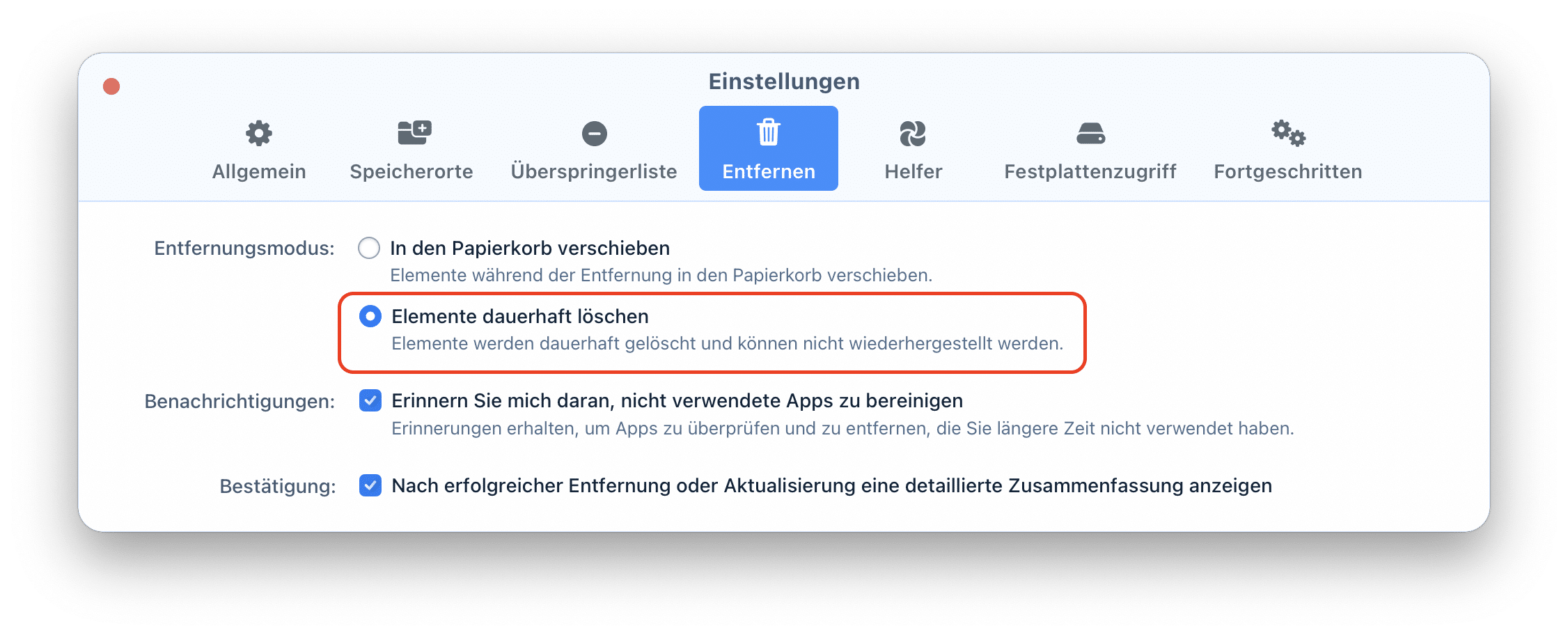 Remove section of the App Cleaner Uninstaller Preferences window