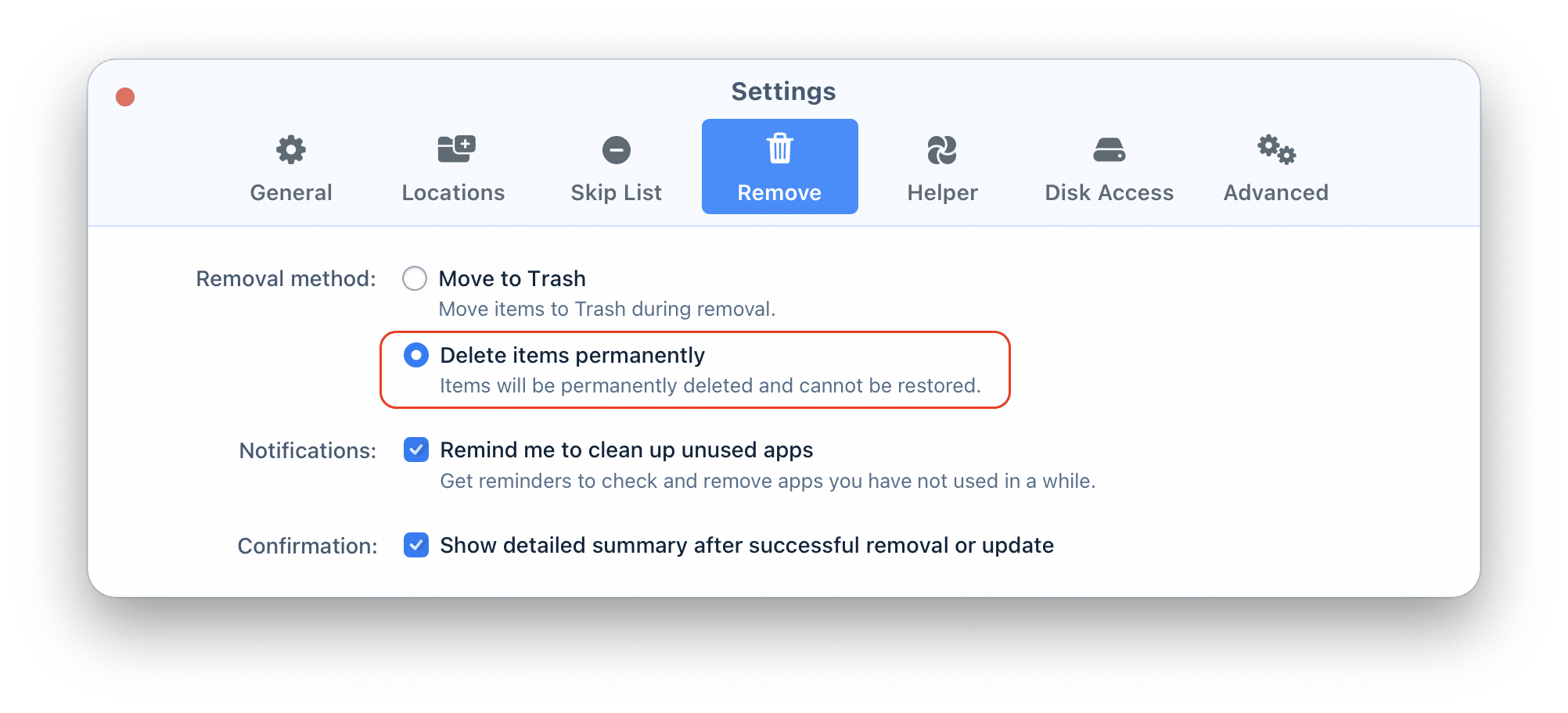 Remove section of the App Cleaner & Uninstaller Settings window