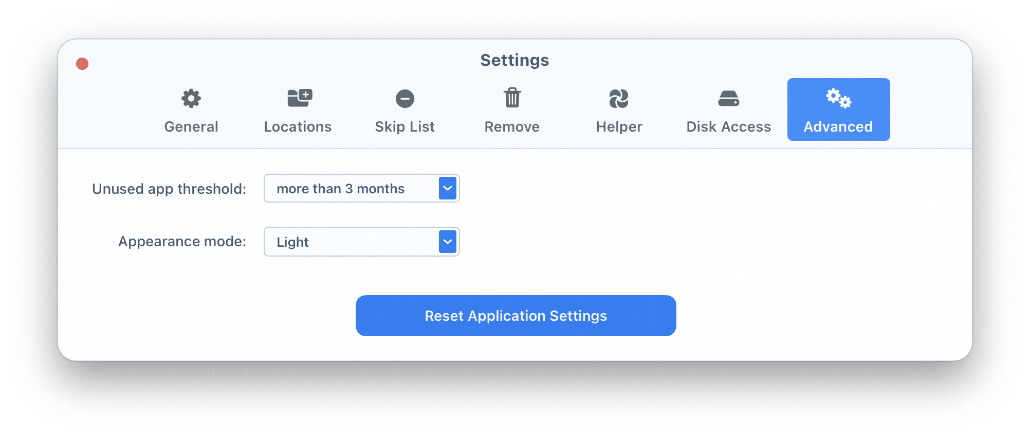 Settings window showing the Advanced tab