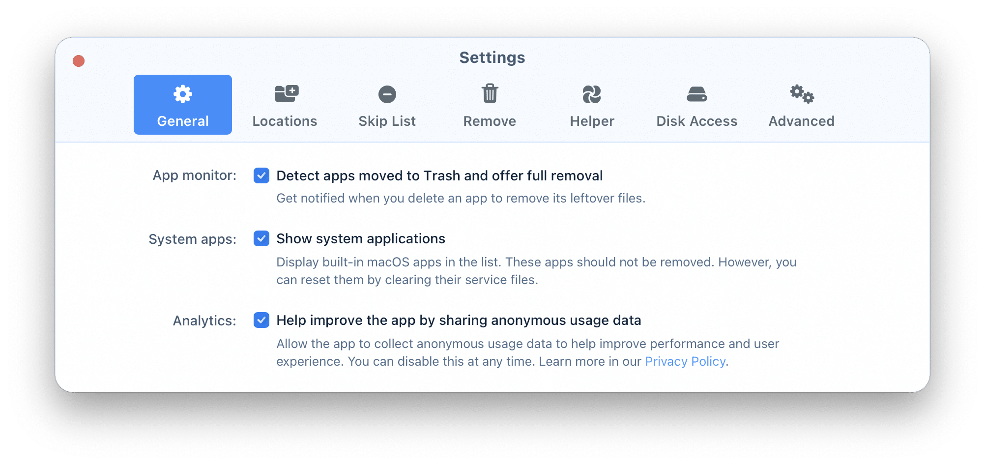 Settings window showing the General tab