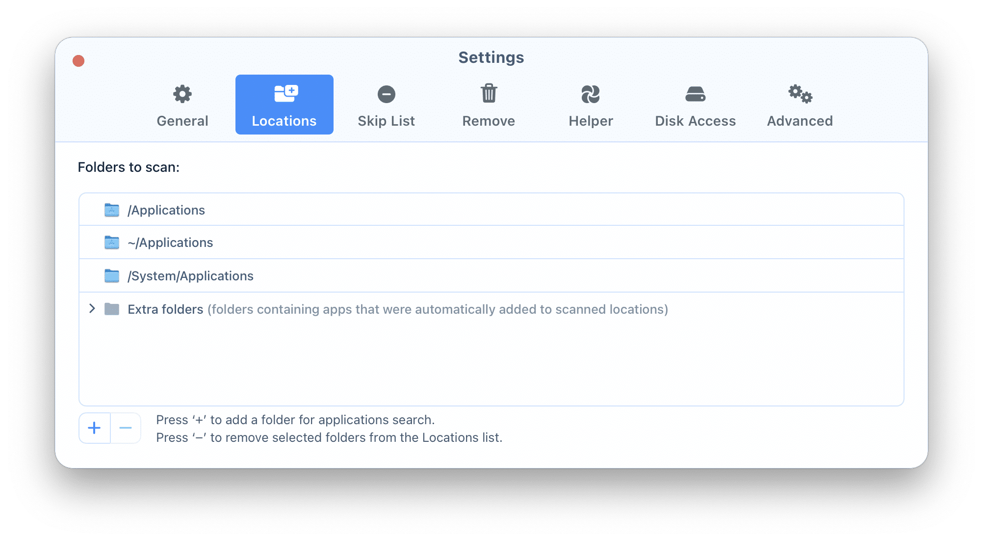 Settings window showing the Locations tab