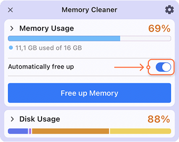 Memory Cleaner window with the automatic cleanup option highlighted