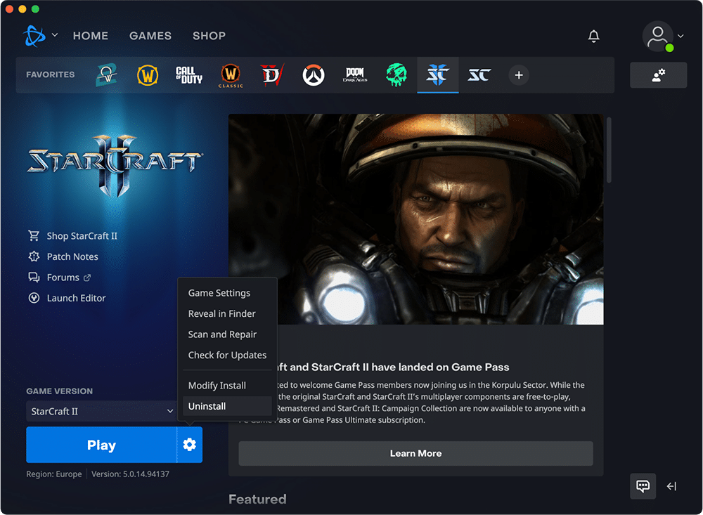 Battle.net window showing StarCraft II tab