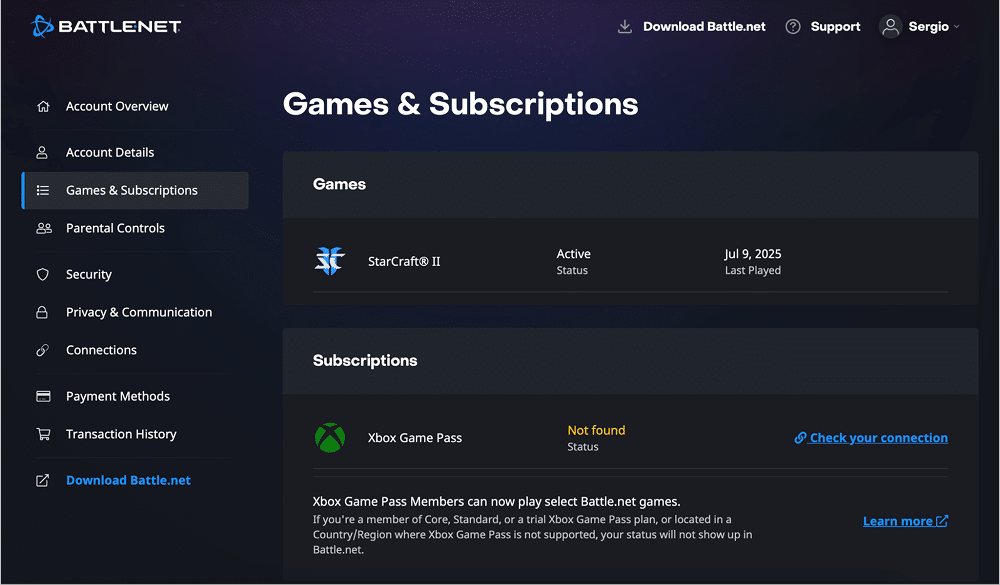Battle.net window showing Games & Subscriptions tab