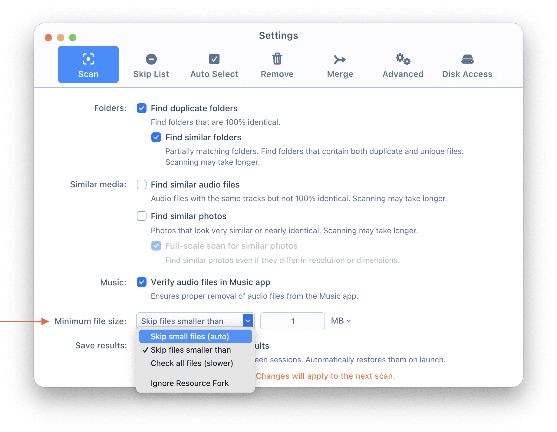 Settings window showing the Skip tab