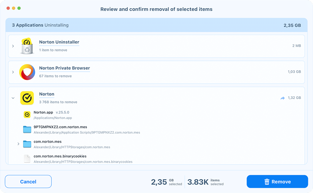 Norton Removal confirmation window in App Cleaner & Uninstaller