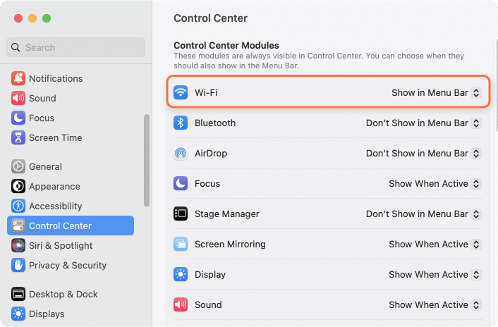 System settings window showing how to enable displaying Wi-Fi status in menu bar