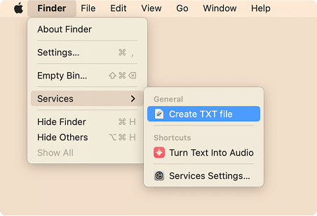 Finder menu showing the Create TXT file option