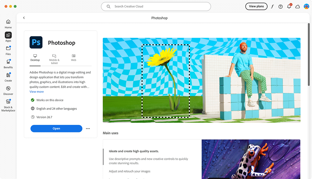 the Photoshop card in the Creative Cloud app list