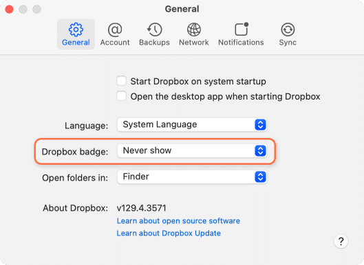 Dropbox preferences show in menu bar
