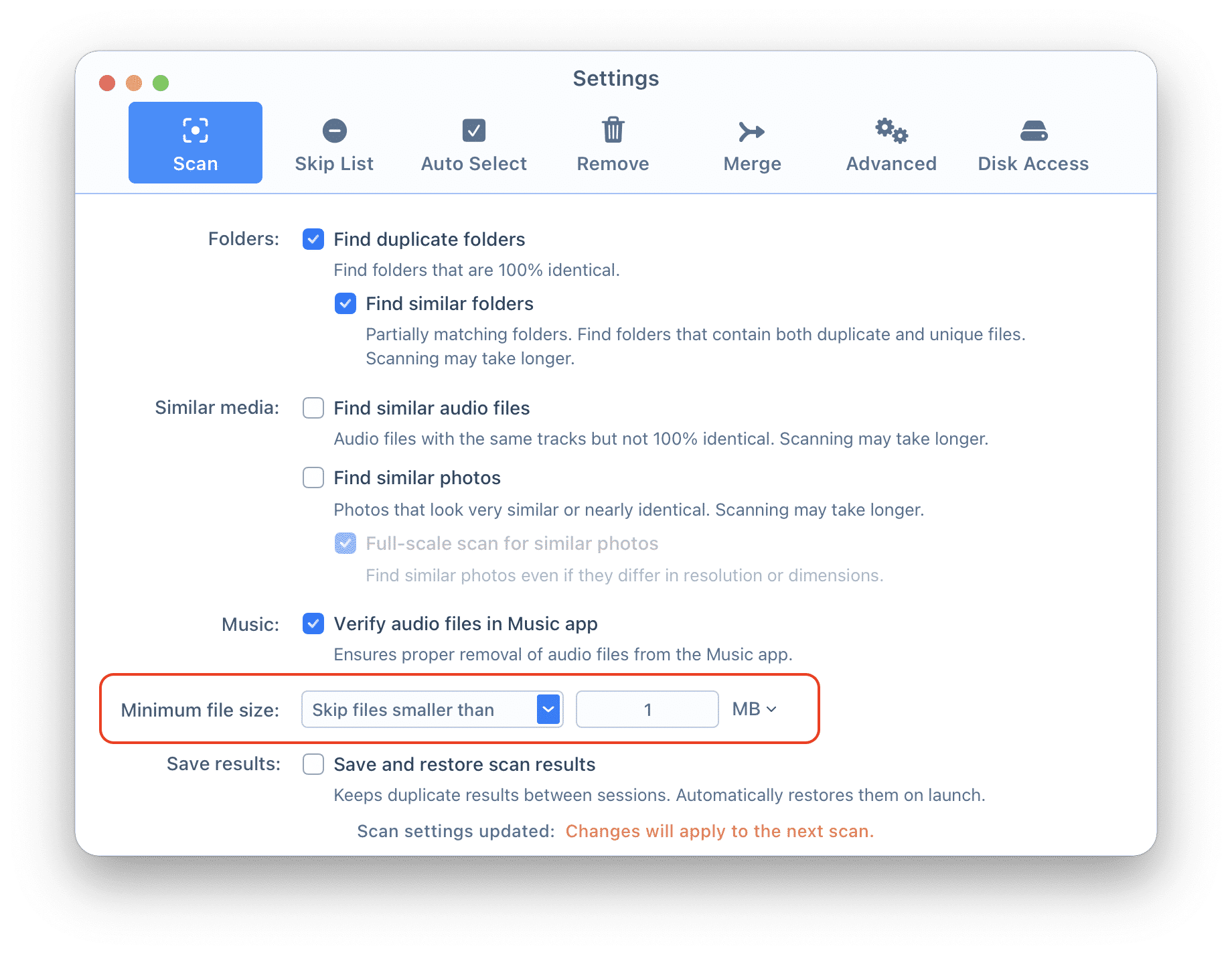 Duplicate File Finder Settings window showing Scan tab