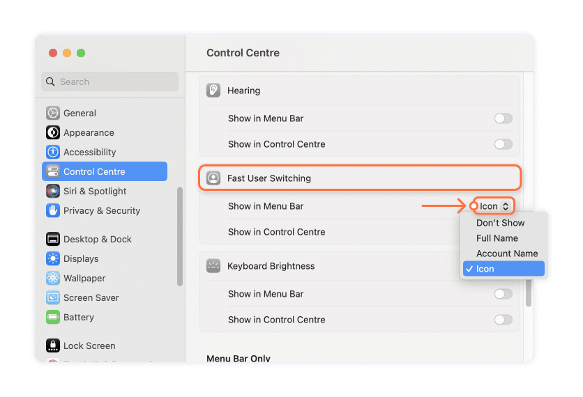 System Settings showing Control Centre