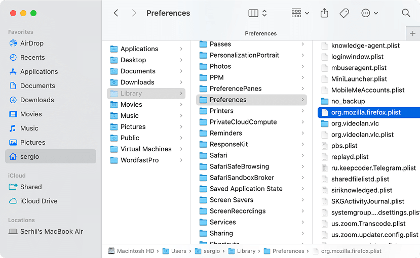Firefox preference file in Library